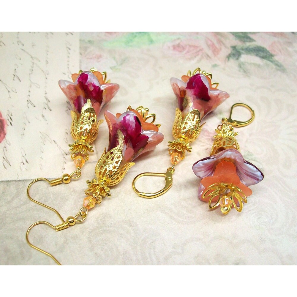 Boho Floral Earrings Gold, Hand Painted, Artisan Crafted Flower Jewelry